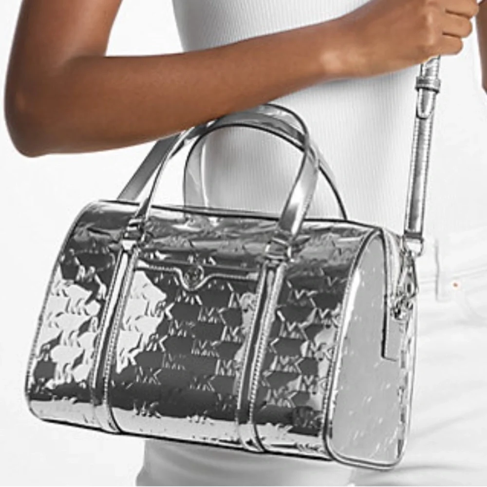 MICHAEL KORS Jet Set Medium Patent Logo Debossed Duffel Crossbody Bag Silver NWT